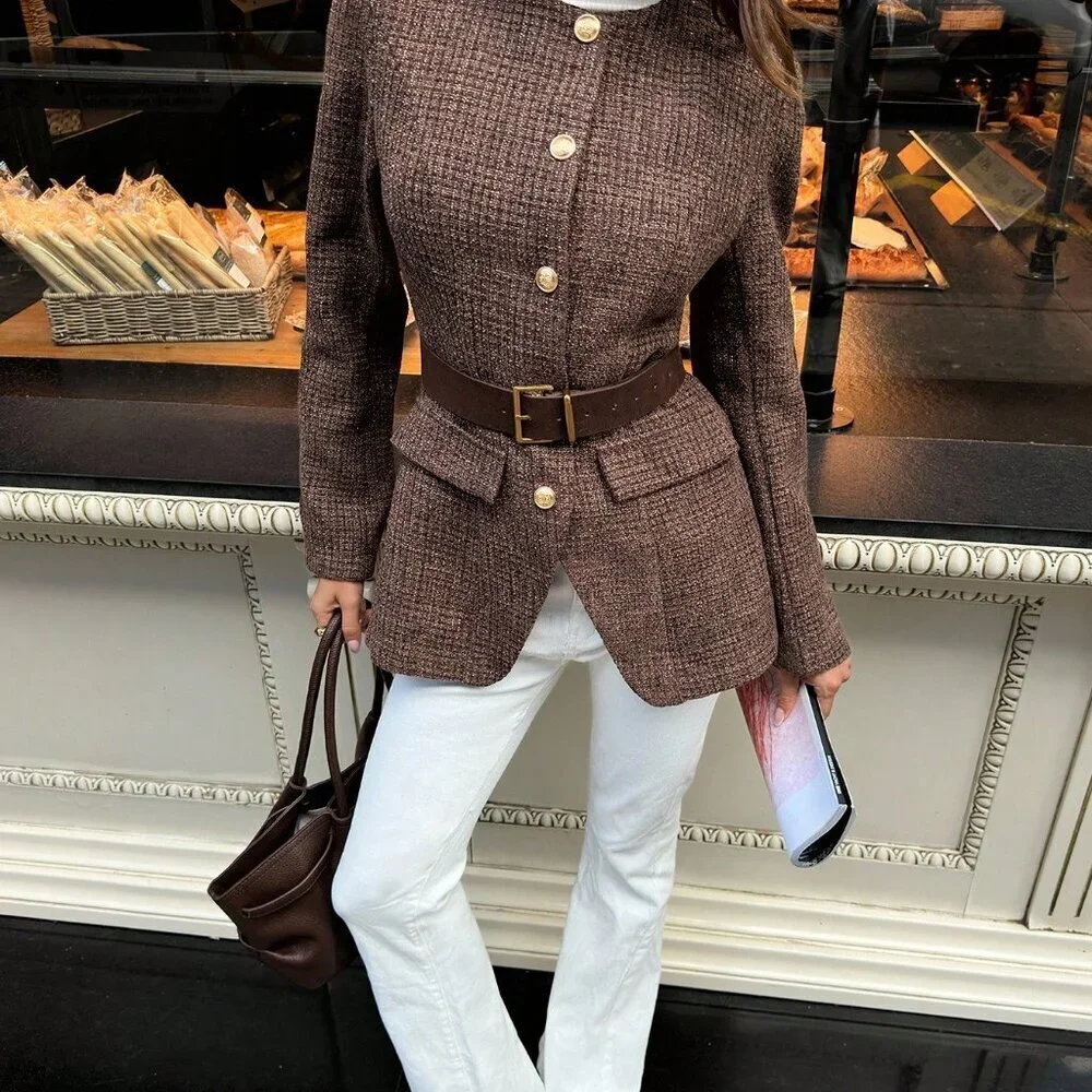 Khaki Elegant Women's Round Neck Fitted Plaid Tweed Blazer